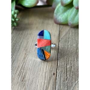 Navajo Handcrafted <b>Turquoise</b> & Opal Sterling Silver Inlay <b>Ring</b> Size 7.25 - Product Image 1