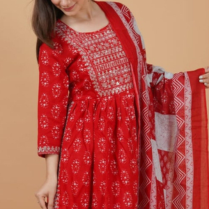 Ensemble Kurti et pantalon en rayonne rouge imprimée, style indien, avec dupatta, pour femme, entièrement cousu, tenue décontractée - Product Image 1