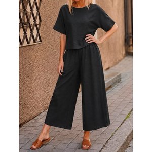 Women'<b>s</b> Short-Sleeved Boat Neck <b>Blouse</b> <b>and</b> Pants Two-Piece Set, 35737 - Black - Product Image 2