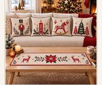 Chemin de table moderne imperméable 100 % coton à carreaux de Noël avec broderie et ensemble de coussins assortis pour la décoration des fêtes KE-R10