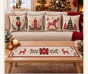 Modern Waterproof 100% Cotton Christmas Plaid <b>Table</b> <b>Runner</b> with Embroidery and Matching Pillows Set for Holiday Decor KE-R10 - Product Image 2