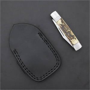 Navaja Plegable Hecha a Mano de Acero D2 con Mango de Cuerno de Ciervo y Funda de Cuero - Product Image 2