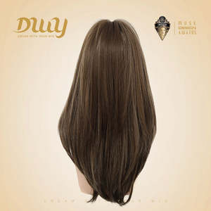 DWY NEWIN Tina Long-Length Glueless Synthetic <b>Wig</b> Layer-Cut Straight with Air Bangs Linen Brown with Light Brown Lace Highlights - Product Image 2
