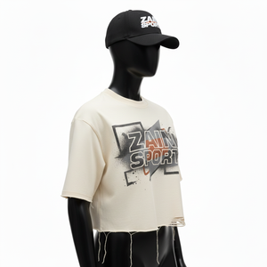 Camiseta Corta de Algodón Francés de Alta Calidad para Mujer, 240 GSM, Dobladillo Deshilachado, Logotipo Estampado, Camiseta para Mujer - Product Image 5