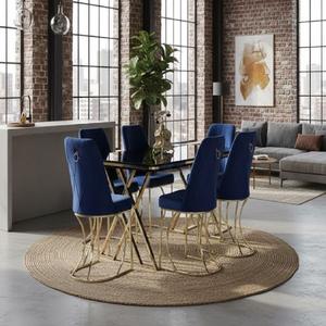 Ensemble de table à manger extensible moderne, écologique et durable, plateau en verre trempé, structure en aggloméré, pieds en métal, 6 chaises, rectangulaire - Product Image 3