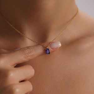 925 Sterling Silver 14K Gold Plated Baguette Sapphire <b>Birthstone</b> <b>Necklace</b> Dainty Birthmonth Jewelry Gift - Product Image 1