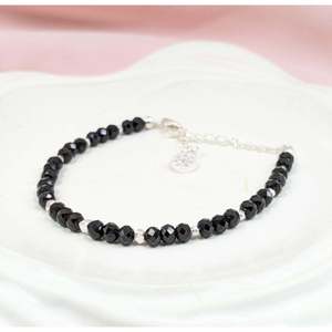 925 Sterling Silver Fine <b>Charm</b> Bracelet with Black Spinel Elegant Black Spinel <b>Bangle</b> - Product Image 1