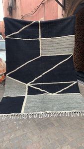 Tapis Beni Ourain marocain fait main, motif original, couleur crème, style bohème, en laine/soie, kilim à poils ras, avec support en nylon, idéal pour pique-nique - Product Image 2