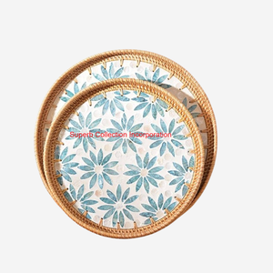 Stylish Hexagon Rattan Serving Tray With Seashell Inlay Decorative Woven <b>Storage</b> Tray For Home Decor Drinks Snacks & Fruits - Product Image 5