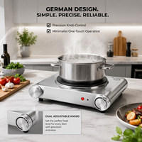 Plaque chauffante électrique portable 1500W à brûleur unique, design allemand, surface en fonte, boîtier en acier inoxydable, réglage de la température par bouton