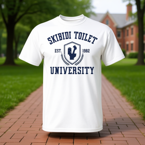 T-shirt Skibidi Toilet University con design meme, bianca, taglia unisex per adulti - Product Image 3