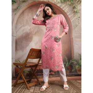 ชุดคุर्ตาผ้าฝ้ายลำลองสำหรับผู้หญิง ดีไซน์หรูหรา ปักลายสีพีช ระบายอากาศได้ดี ความยาวระดับเข่า ออกแบบตามสั่งสำหรับสุภาพสตรีทำงาน - Product Image 5