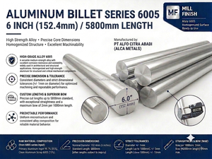 อลูมิเนียมบิลเล็ต 6005 T6 รุ่นเส้นผ่านศูนย์กลาง 6 นิ้ว อัลลอย (แบบผสม) 152.4 มม. ความยาว-มาตรฐาน ASTM ยี่ห้อ OEM - Product Image 2