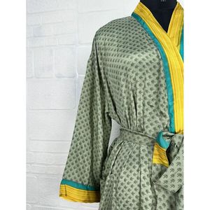 Recycled Vintage Silk Sari <b>Robe</b> Green and Yellow Boho House Kimono Dressing Gown <b>Beach</b> Coverup and Bridesmaid Anniversary Gift - Product Image 3