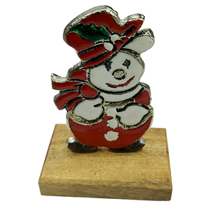 Contemporary Tabletop <b>Ornament</b> Christmas Metal Snowman Sculpture With <b>Wooden</b> Base Modern Aesthetic Room Decor <b>Ornaments</b> - Product Image 1