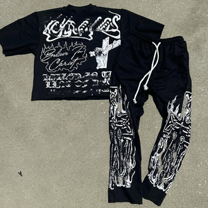 ชุดวอร์มผ้าฝ้ายสำหรับผู้ชายเสื้อยืดพิมพ์ลายไฮสตรีทสำหรับผู้ชายโลโก้ปักลาย - Product Image 1