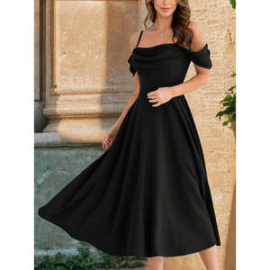 Robe longue évasée en crêpe importé pour femme, à bretelles, épaules dénudées, décolleté cœur, 37501 - Noir - Product Image 3