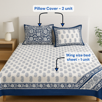 Ensemble de draps en coton biologique de qualité supérieure imprimé à la main en style bohème indien avec motif paisley bleu, écologique, 200 fils, taille super king