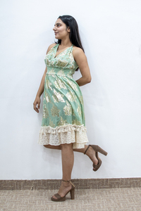 Vestido Midi Verde Salvia de Verano con Cuello en V, Vestido Romántico con Encaje, Vestido de Fiesta para la Playa, Estampado Digital - Product Image 2