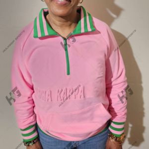 Sweat-shirt à col zippé personnalisé pour sororité, en mélange de coton et polaire, rose et vert, brodé, coupe-vent, écologique, unisexe, printemps - Product Image 3