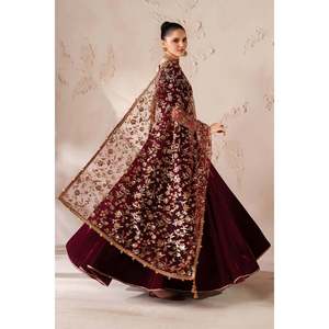 Embroidered <b>Velvet</b> Loose Fit Long Sleeve Women's Modest Set Includes <b>Shirt</b> Trouser & Dupatta with Accessories PR-1211 - Product Image 5