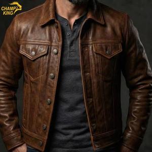 Veste en cuir pour homme en cuir de vache véritable doublure en satin col en fausse fourrure superposé veste 2025 - Product Image 1