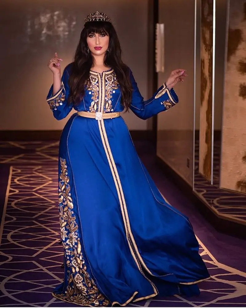 Hoàng Gia Màu Xanh satin handmade caftan rất quyến rũ hạt ngọc trai lụa chủ đề zari làm việc cho Châu Âu cô gái người phụ nữ Morocco caftan Dress