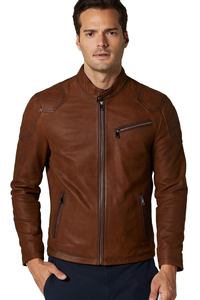 Veste en cuir marron élégante pour homme, style motard, col chemise et poignets style chemise, ourlet ouvert, entièrement personnalisable en cuir - Product Image 4