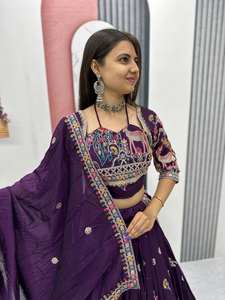 Elegante pesado puro Vichitra completamente cosido listo para usar indio paquistaní Lehenga Chaniya Choli Set Trending Purple Wine Color - Product Image 3