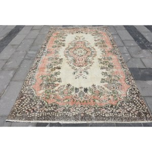 Traditional Beige <b>Brown</b> <b>Wool</b> Rug 5.6 X 9.3ft Handmade Turkish Rectangle Patchwork Latex Backing for Home Living for Entryway - Product Image 1