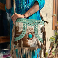 Tas selempang kulit bulu wanita, gaya Barat unik tas jinjing kulit bulu timbul gaya Vintage