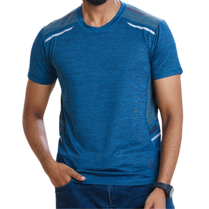 Confortable bleu 100% coton solide tricoté à manches courtes hommes T-Shirt doux respirant et élégant tenue décontracté - Product Image 1