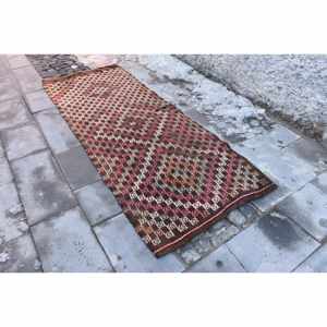 Alfombra turca Kilim de 3,2x8,7 pies, marrón, Beige, tejido plano, Jacquard, patrón abstracto, pelo de felpa, Material de lana, respaldo de látex - Product Image 3