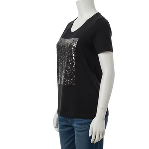 T-shirt en jersey écologique à col rond avec décoration pailletée Mélange de coton doux extensible Respirant Vêtements décontractés Vêtements de mode - Product Image 2