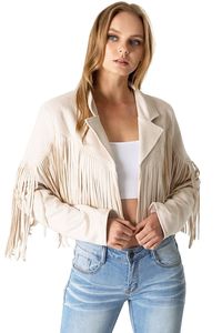 <b>Women</b> Boyfriend Cropped <b>Jackets</b> <b>Suede</b> Fringe Long Sleeve Slim Faux <b>Suede</b> Leather <b>Jacket</b> Cowboy Style Long Sleeve Tassels Coats - Product Image 3