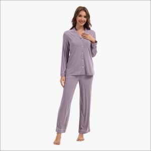 Conjunto de Pijama de Manga Larga con Cuello de Solapa y Rayas de Bambú, Suave y con Estampado Animal, para Invierno y Verano, Ropa de Dormir para Mujer - Product Image 2