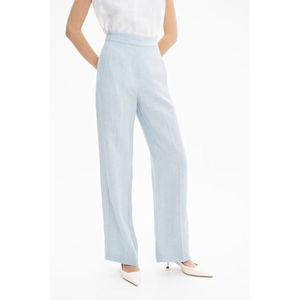 Pantalones anchos de lino azul de cintura alta con bolsillos - Product Image 4