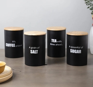 ภาชนะใส่ชาและน้ำตาลโลหะสีดำภาชนะใส่เกลือพร้อมฝาไม้ชุดเก็บอาหาร4ชิ้นของตกแต่งห้องครัวแบบชนบท - Product Image 3
