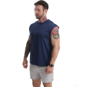Blue Solid Color Good Selling Highest Quality Sleeveless Customized Logo Breathable Cotton Solid Color Round Neck <b>Men's</b> <b>Vest</b> - Product Image 4