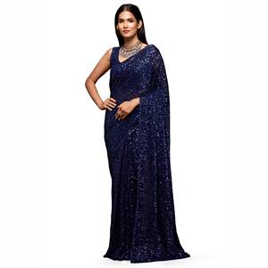 Trendmalls Mujer Heavy Georgette Lentejuelas Casual Boda Saree Blusa sin costuras (Azul al por mayor) Todas las estaciones al por mayor - Product Image 1