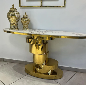 โต๊ะคอนโซลหินอ่อนสีดำทรงกลมสไตล์อาร์ตครึ่งพร้อมกรอบโลหะสีทองโฉบเฉี่ยวในราคาขายส่ง - Product Image 2