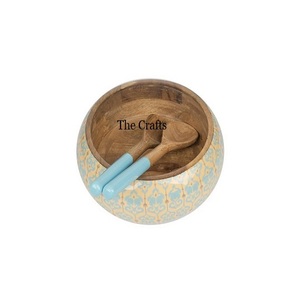 Printed Wooden Snacks Dates <b>Serving</b> Bowl With 2 <b>Spoon</b> Customized Size Round Shape <b>Serving</b> Bowl For Sale - Product Image 1