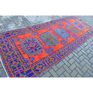 พรมตุรกีขนาด 4.3x11.5 ฟุต, พรมวินเทจลายทาง, พรมลายสัตว์สีแดงน้ำเงิน - Product Image 2