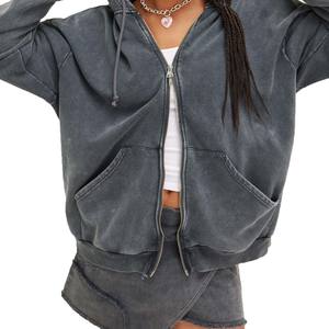 Venta al por mayor de ácido personalizado Zip up Hoodie para las mujeres sólido Vintage Look Oversized poliéster algodón Casual invierno ecológico - Product Image 1