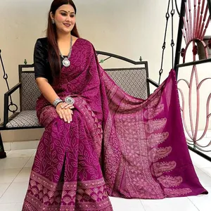 Dress bordir katun sutra Saree Gaun India Sari pakaian pesta potongan pernikahan pakaian pesta India wanita memakai perempuan dan perempuan