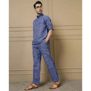 Amanush Men's Blue Cotton Textured Plaid Co-ord Set Mandarin Collar Kurta <b>Pyjama</b> Set Casual <b>Summer</b> Wear Breathable Full Length - Product Image 3