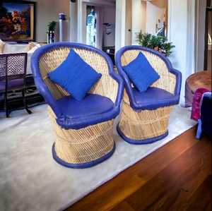 Modern Style Lightweight Bamboo <b>Sofa</b> Chair Set of 2 Vintage with Blue Cushion for Restaurant Garden Living Room - Product Image 1