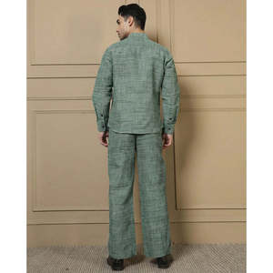 Deebaco <b>Men's</b> Mint Green Cotton Textured Plaid Co-ord Set Mandarin Collar Full Sleeve Kurta With Pant Set Smart Casual Spring - Product Image 4