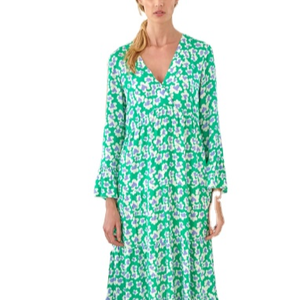 Vestido maxi de seda con estampado Dabu de gran venta con escote Henley y cierre de corbata, ropa informal para mujer, talla regular al por mayor - Product Image 1