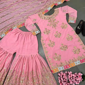 Faux Georgette lourde avec broderie lourde avec travail de séquence à manches longues haut bas Dupatta ensemble tenue traditionnelle costume - Product Image 1